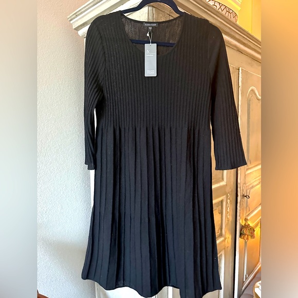 Eileen Fisher Black Washable Wool Rib Release Pleat Dress NWT - Picture 1 of 8
